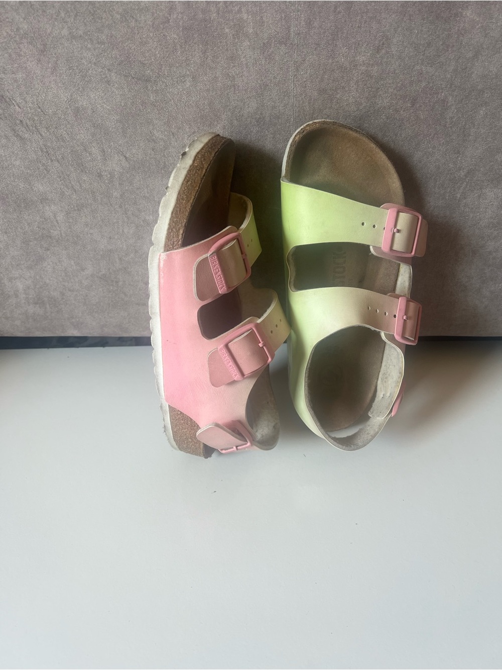 Birkenstock Dual Strap Slides in Pink & Lime